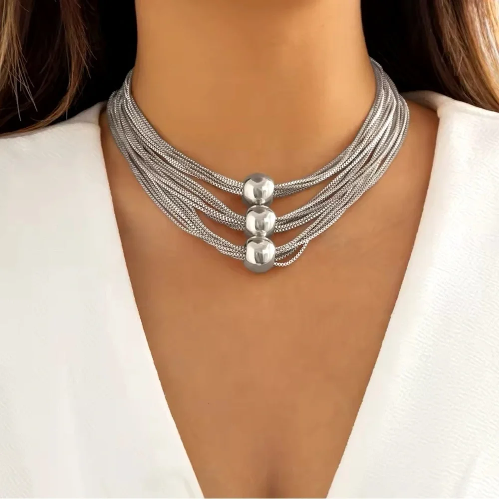 18K White Gold Plated Chunky Thick Layered Chain W/ Exaggerated Beads Necklace - Picture 1 of 7